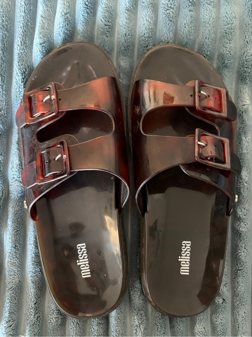 Melissa Double Buckle Slides in Tortoiseshell Brown